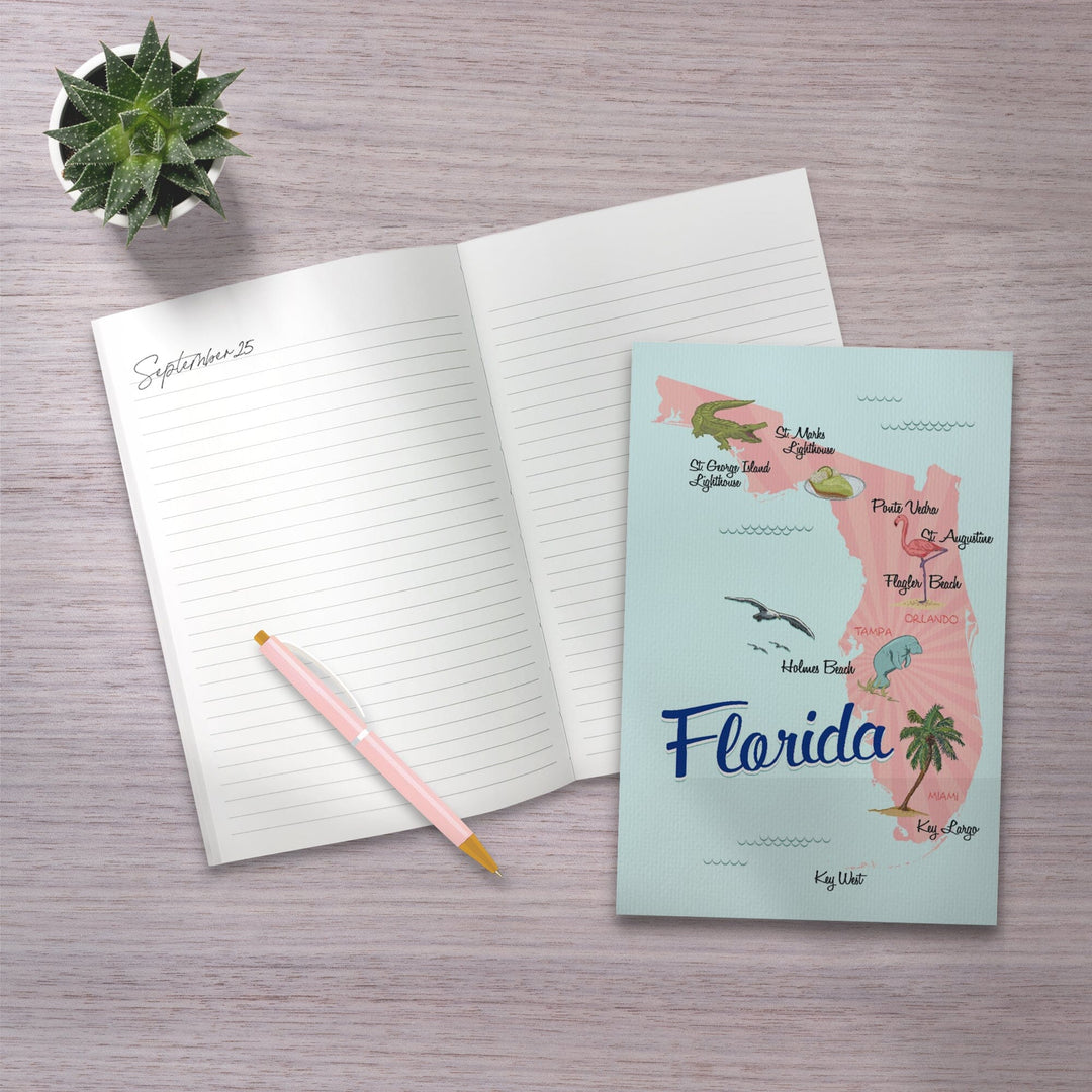 Lined 6x9 Journal, Holmes Beach, Florida, Typography and Icons, Pink and Blue, Lay Flat, 193 Pages, FSC paper Home Lantern Press 