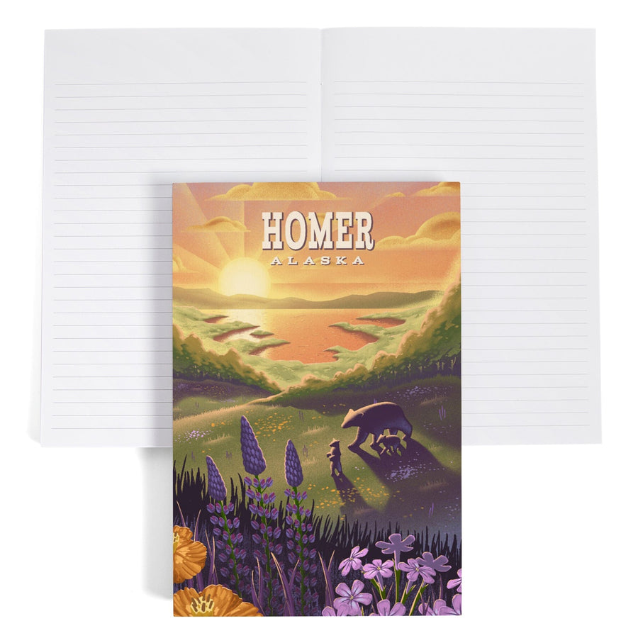 Lined 6x9 Journal, Homer, Alaska, Bear and Spring Flowers, Lithograph, Lay Flat, 193 Pages, FSC paper Home Lantern Press 