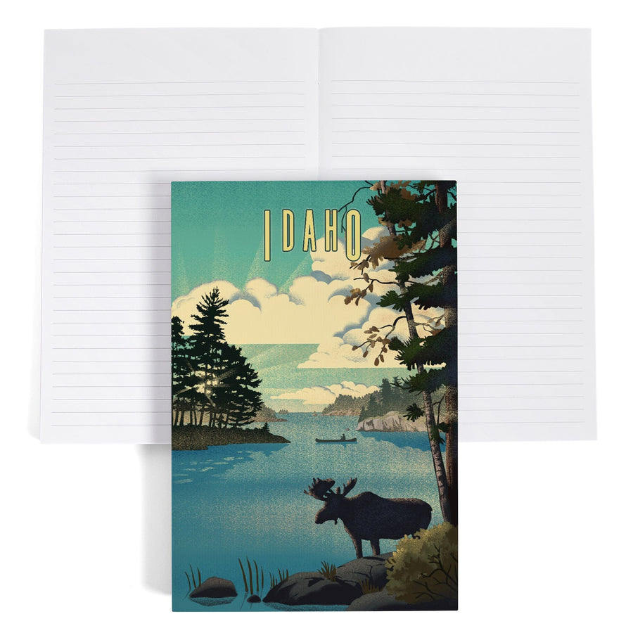 Lined 6x9 Journal, Idaho, Moose and Lake Lithograph, Lay Flat, 193 Pages, FSC paper Home Lantern Press 