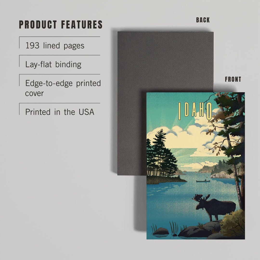 Lined 6x9 Journal, Idaho, Moose and Lake Lithograph, Lay Flat, 193 Pages, FSC paper Home Lantern Press 