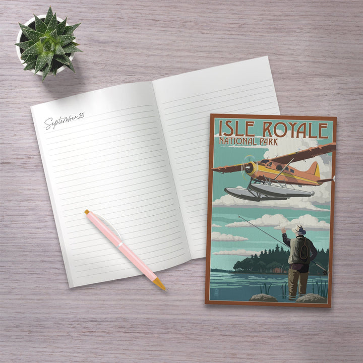 Lined 6x9 Journal, Isle Royale National Park, Michigan, Float Plane and Fisherman, Lay Flat, 193 Pages, FSC paper Home Lantern Press 