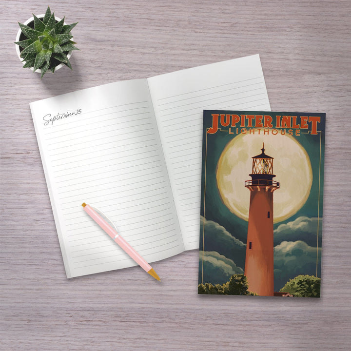 Lined 6x9 Journal, Jupiter, Florida, Jupiter Lighthouse and Moon, Lay Flat, 193 Pages, FSC paper Home Lantern Press 