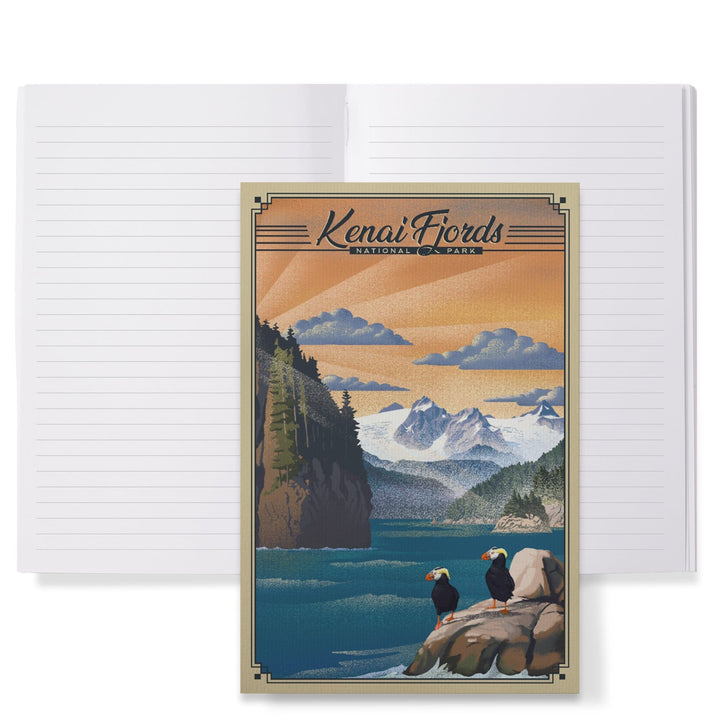 Lined 6x9 Journal, Kenai Fjords National Park, Alaska, Lithograph Park Series, Tufted Puffins, Lay Flat, 193 Pages, FSC paper Home Lantern Press 