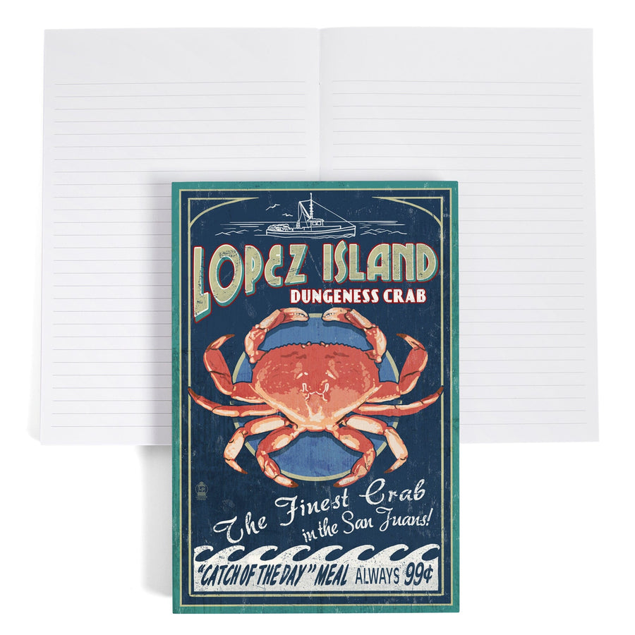 Lined 6x9 Journal, Lopez Island, Washington, Dungeness Crab Vintage Sign, Lay Flat, 193 Pages, FSC paper Home Lantern Press 