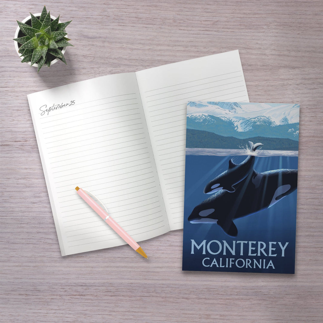 Lined 6x9 Journal, Monterey, California Orca and Calf (Mountains), Lay Flat, 193 Pages, FSC paper Home Lantern Press 