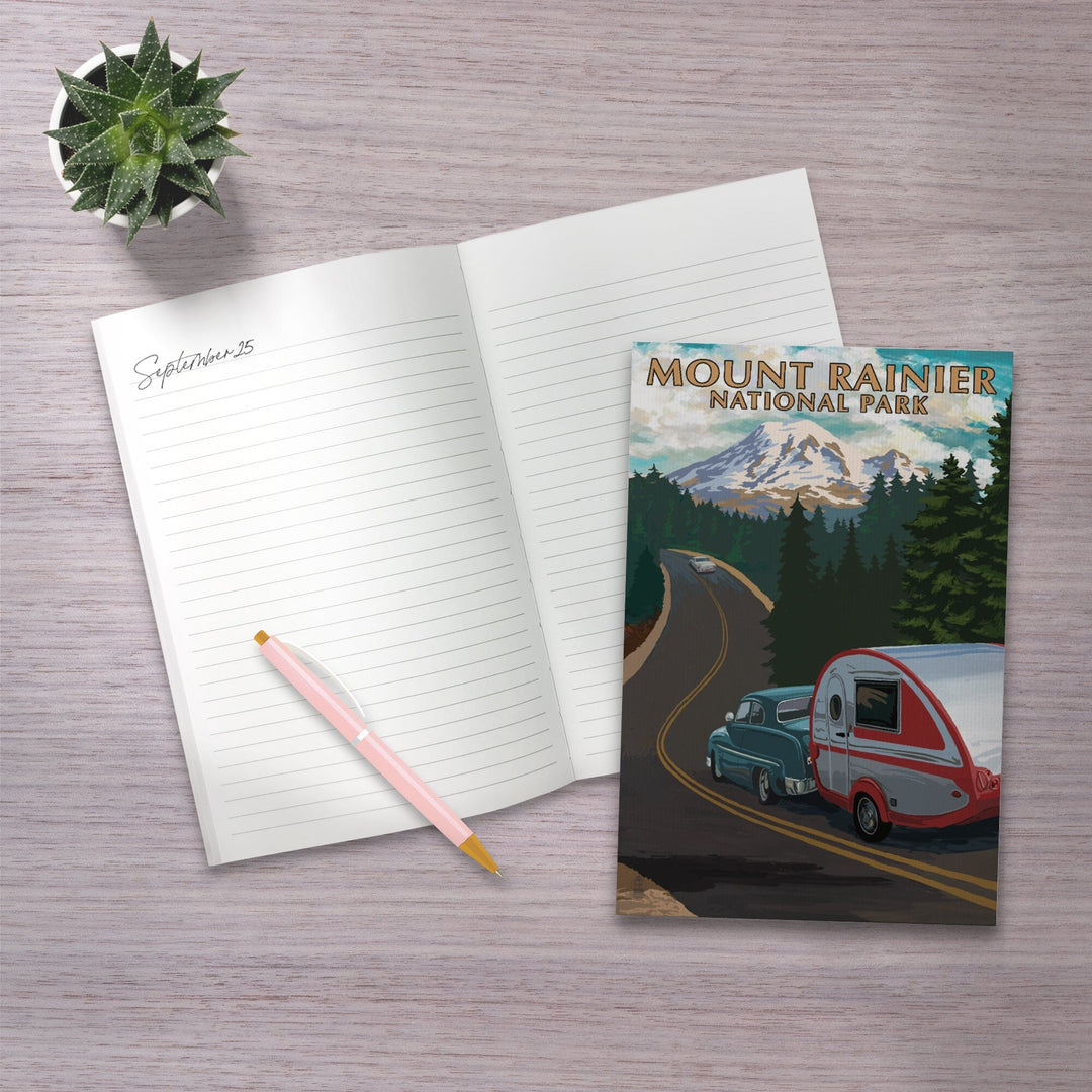 Lined 6x9 Journal, Mount Rainier National Park, Washington, Retro Camper on Road, Lay Flat, 193 Pages, FSC paper Home Lantern Press 