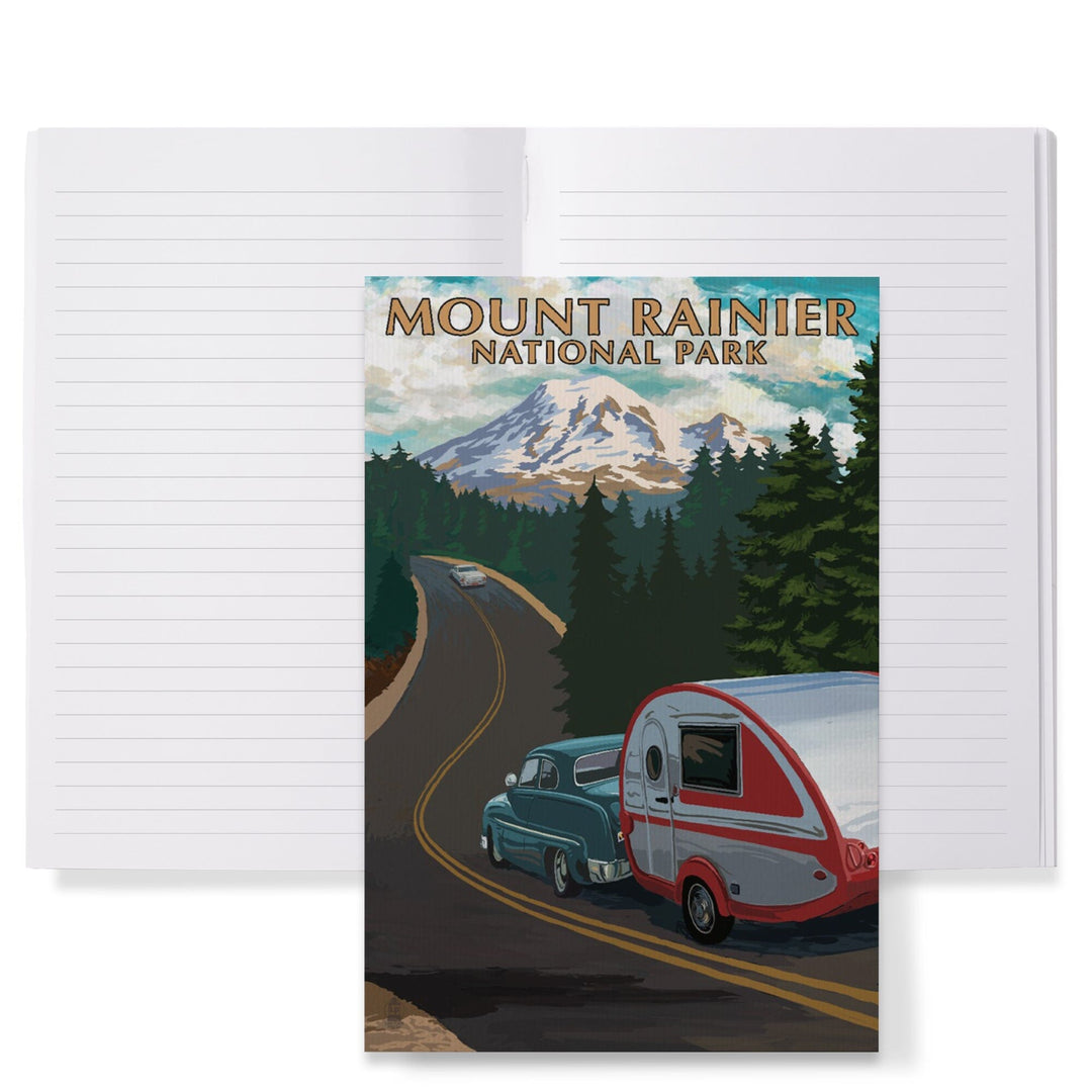 Lined 6x9 Journal, Mount Rainier National Park, Washington, Retro Camper on Road, Lay Flat, 193 Pages, FSC paper Home Lantern Press 