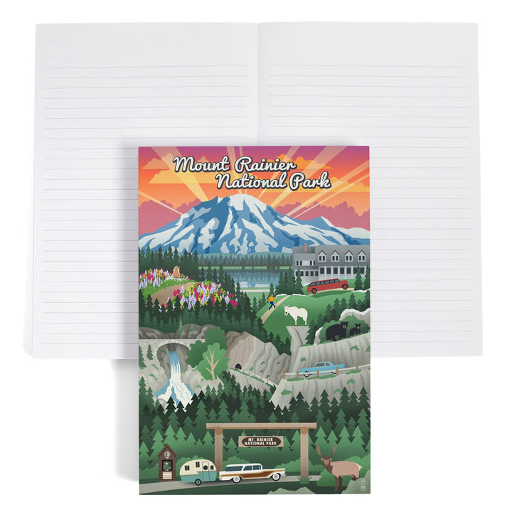 Lined 6x9 Journal, Mount Rainier National Park, Washington, Retro View, Lay Flat, 193 Pages, FSC paper Home Lantern Press 