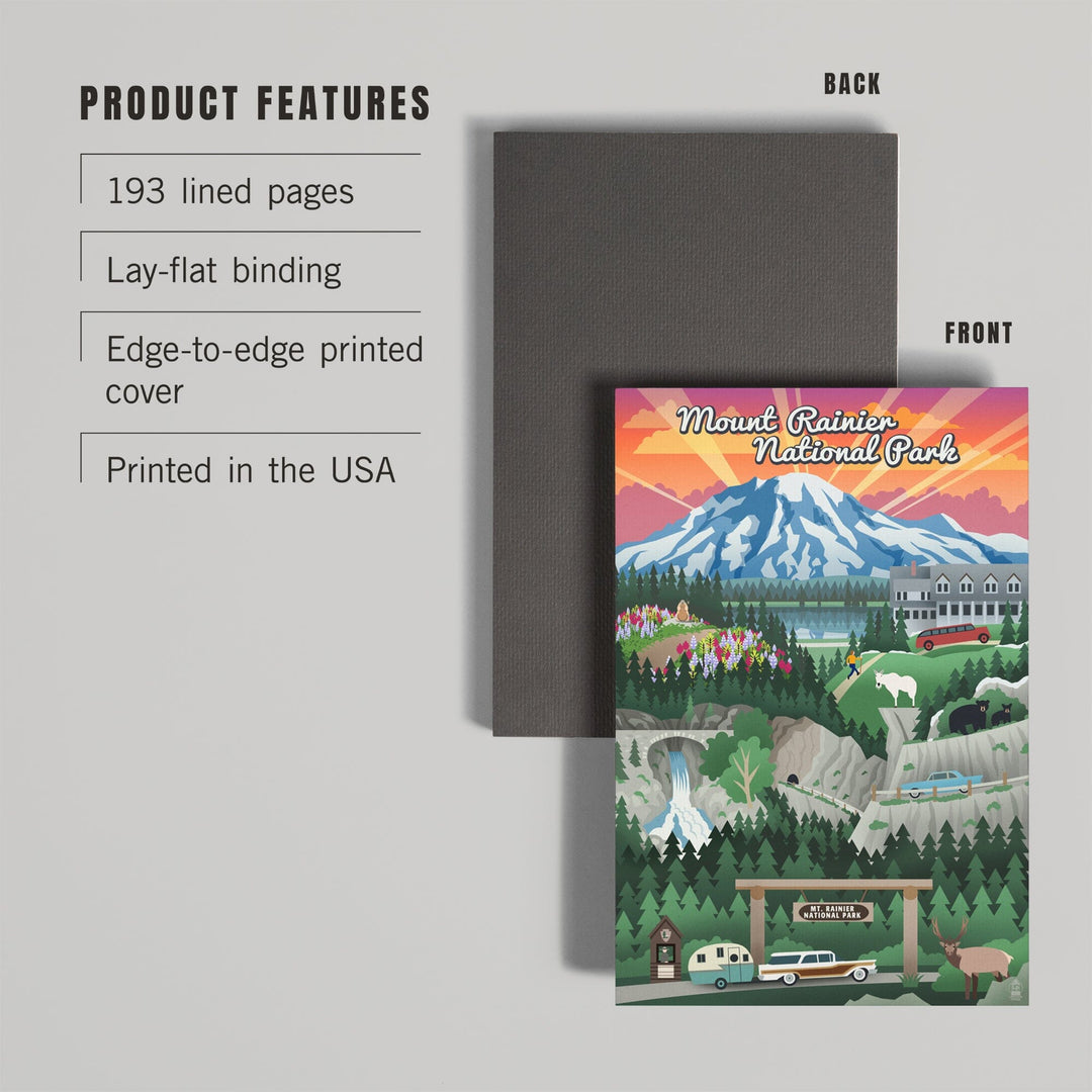 Lined 6x9 Journal, Mount Rainier National Park, Washington, Retro View, Lay Flat, 193 Pages, FSC paper Home Lantern Press 