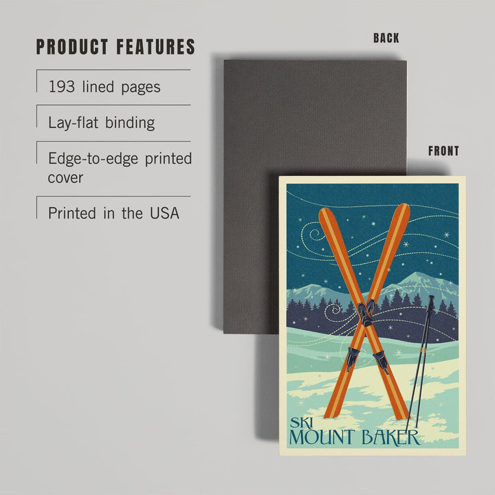 Lined 6x9 Journal, Mt. Baker, Washington, Crossed Skis, Letterpress, Lay Flat, 193 Pages, FSC paper Home Lantern Press 