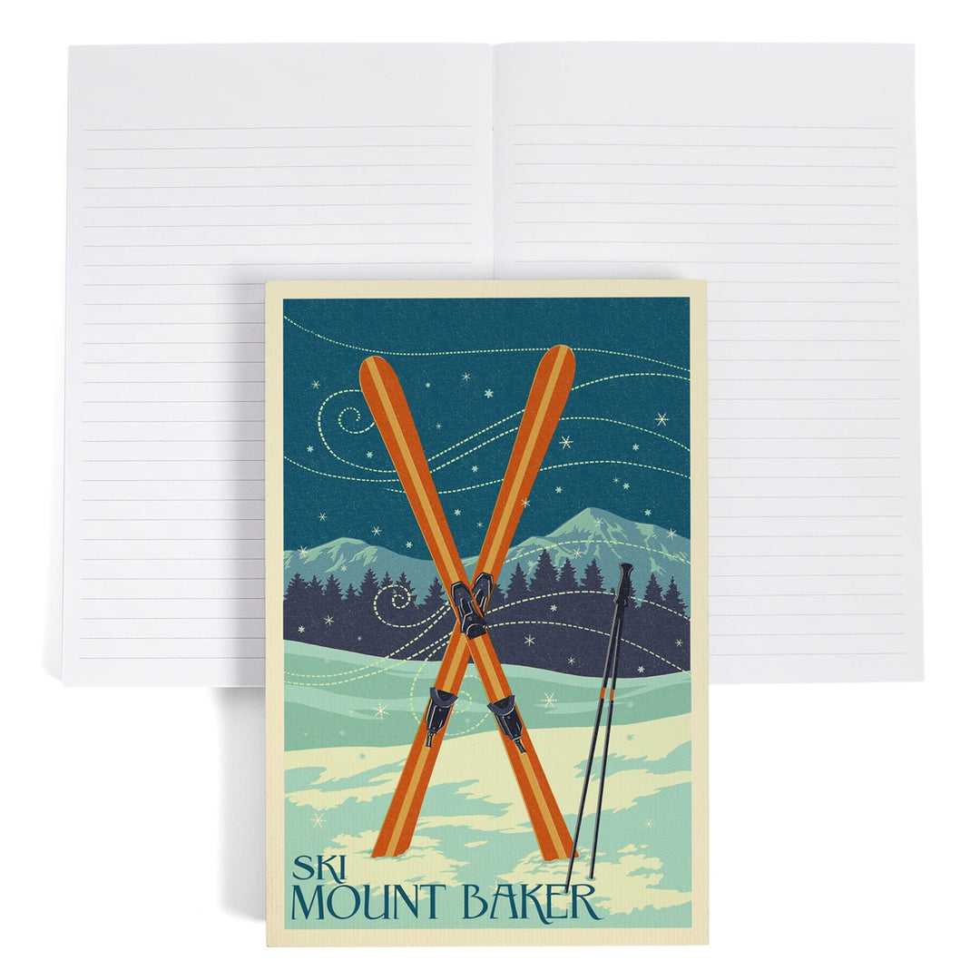 Lined 6x9 Journal, Mt. Baker, Washington, Crossed Skis, Letterpress, Lay Flat, 193 Pages, FSC paper Home Lantern Press 