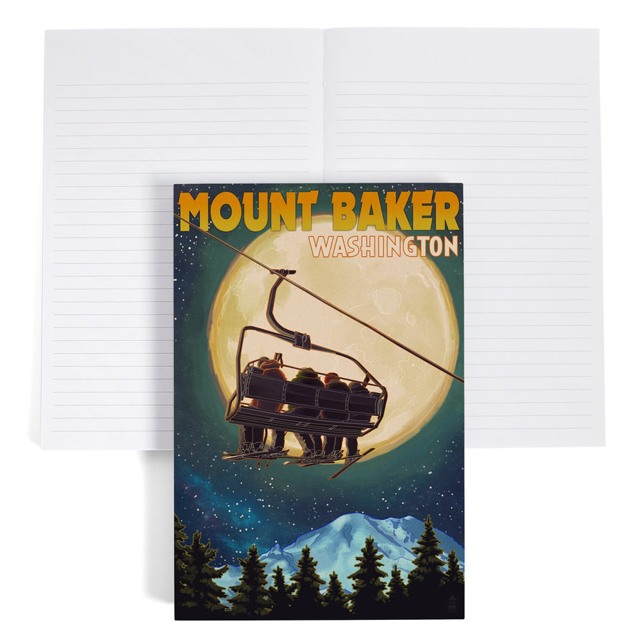 Lined 6x9 Journal, Mt. Baker, Washington, Ski Lift and Full Moon, Letterpress, Lay Flat, 193 Pages, FSC paper Home Lantern Press 