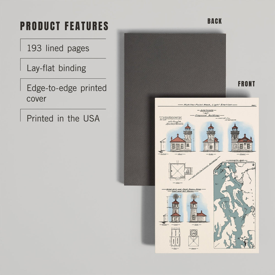 Lined 6x9 Journal, Mukilteo Lighthouse, Washington, Technical Drawing, Lay Flat, 193 Pages, FSC paper Home Lantern Press 