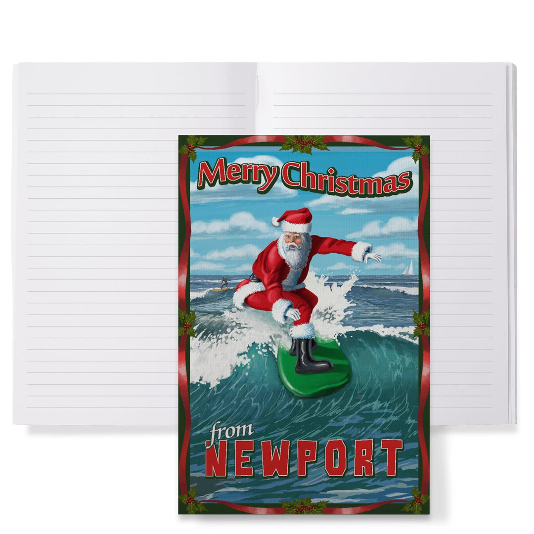 Lined 6x9 Journal, Newport Beach, California, Merry Christmas, Santa Surfing, Lay Flat, 193 Pages, FSC paper Home Lantern Press 