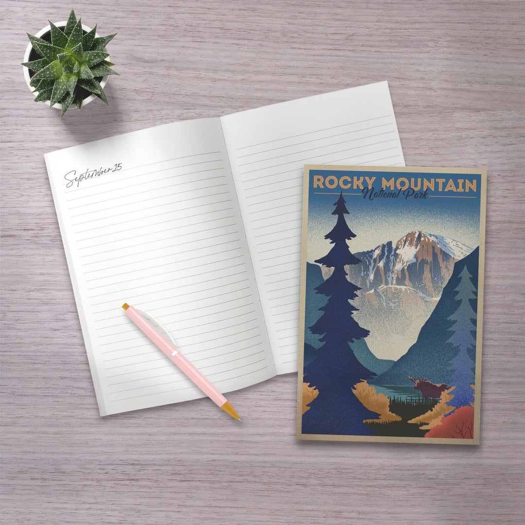 Lined 6x9 Journal, Rocky Mountain National Park, Colorado, Moose and Lake, Lithograph, Lay Flat, 193 Pages, FSC paper Home Lantern Press 