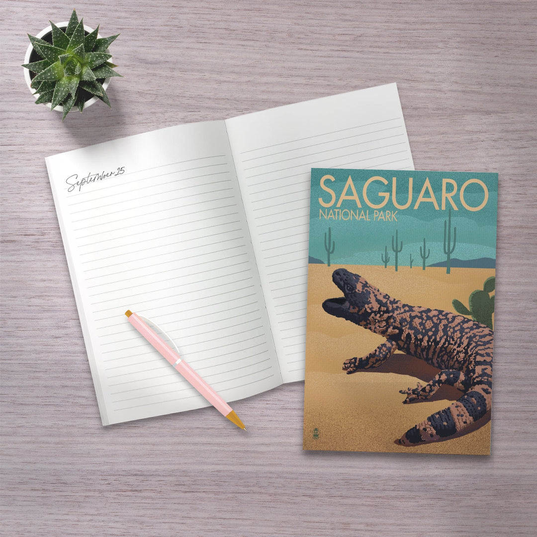 Lined 6x9 Journal, Saguaro National Park, Arizona, Gila Monster and Cactus, Lithograph, Lay Flat, 193 Pages, FSC paper Home Lantern Press 