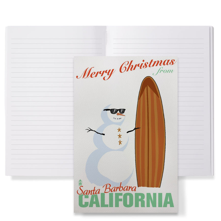 Lined 6x9 Journal, Santa Barbara, California, Merry Christmas from California, Snowman and Surfboard, Lay Flat, 193 Pages, FSC paper Home Lantern Press 