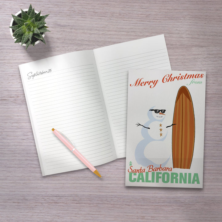 Lined 6x9 Journal, Santa Barbara, California, Merry Christmas from California, Snowman and Surfboard, Lay Flat, 193 Pages, FSC paper Home Lantern Press 