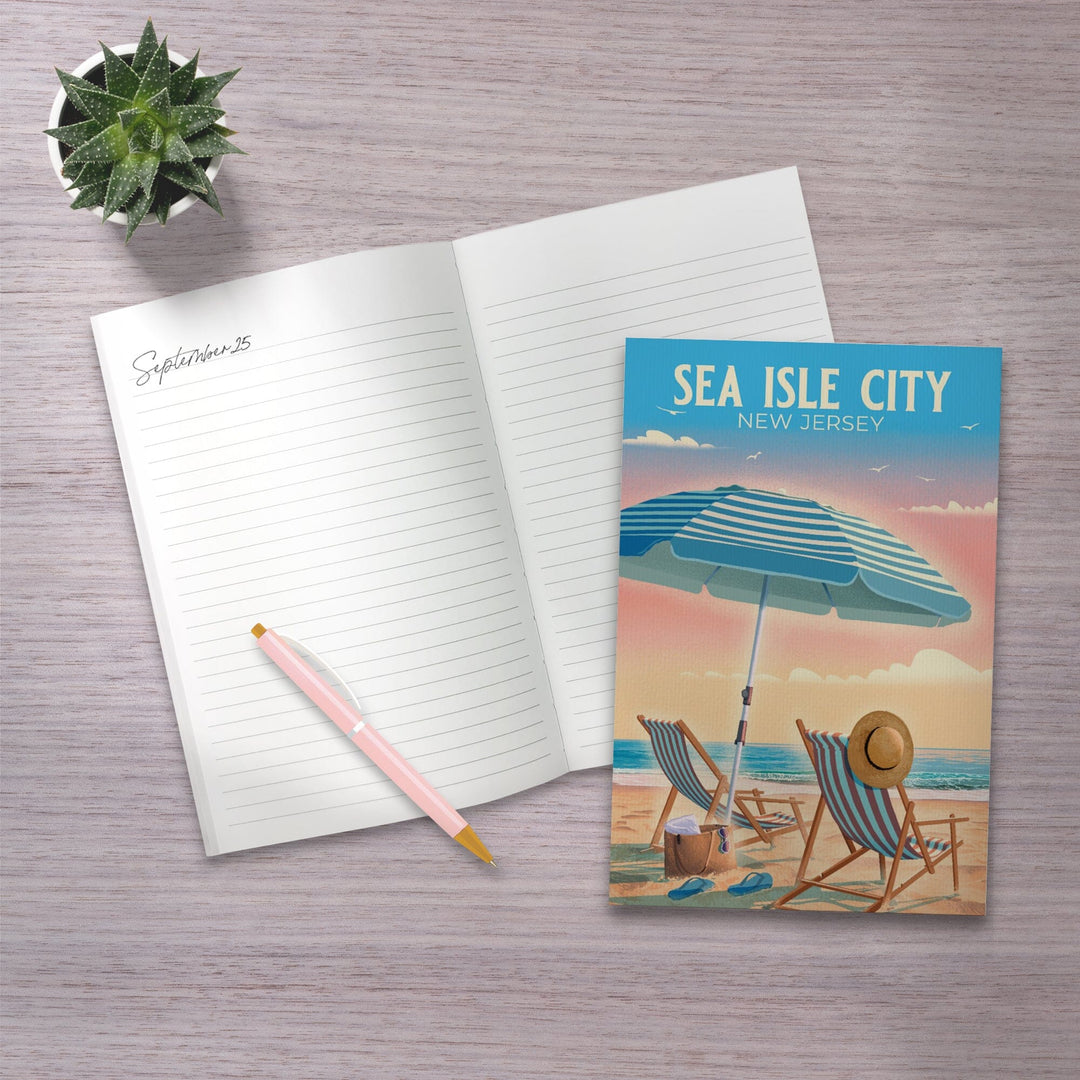 Lined 6x9 Journal, Sea Isle City, New Jersey, Beach Chair and Umbrella, Lay Flat, 193 Pages, FSC paper Home Lantern Press 