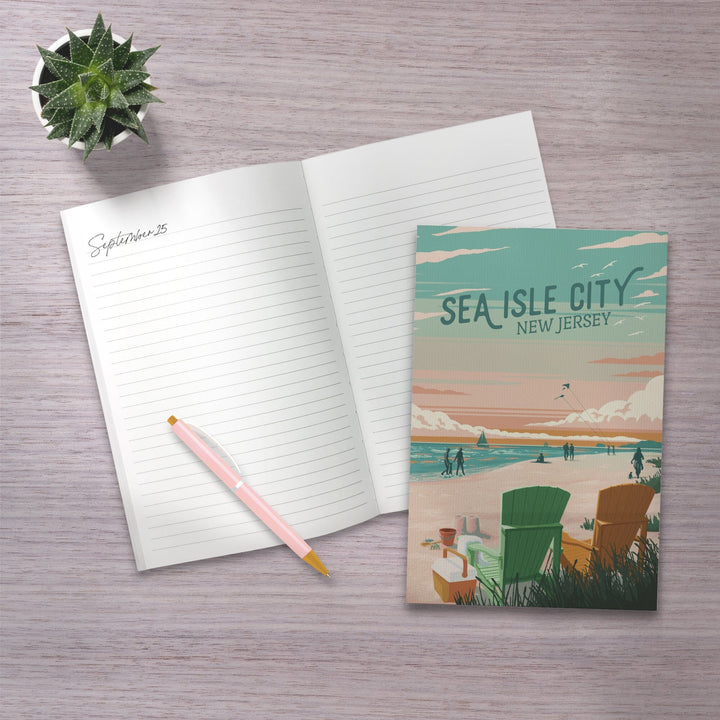 Lined 6x9 Journal, Sea Isle City, New Jersey, Painterly, Bottle This Moment, Beach Chairs, Lay Flat, 193 Pages, FSC paper Home Lantern Press 