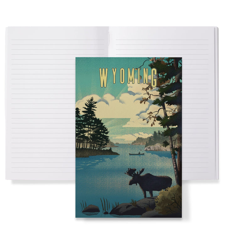 Lined 6x9 Journal, Wyoming, Moose and Lake, Lithograph, Lay Flat, 193 Pages, FSC paper Home Lantern Press 