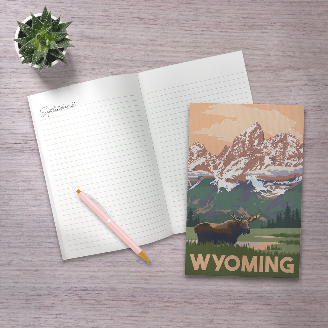 Lined 6x9 Journal, Wyoming, Moose and Mountains, Lay Flat, 193 Pages, FSC paper Home Lantern Press 