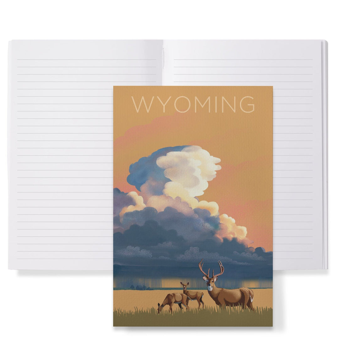 Lined 6x9 Journal, Wyoming, White-tailed Deer and Rain Cloud, Lithograph, Lay Flat, 193 Pages, FSC paper Home Lantern Press 