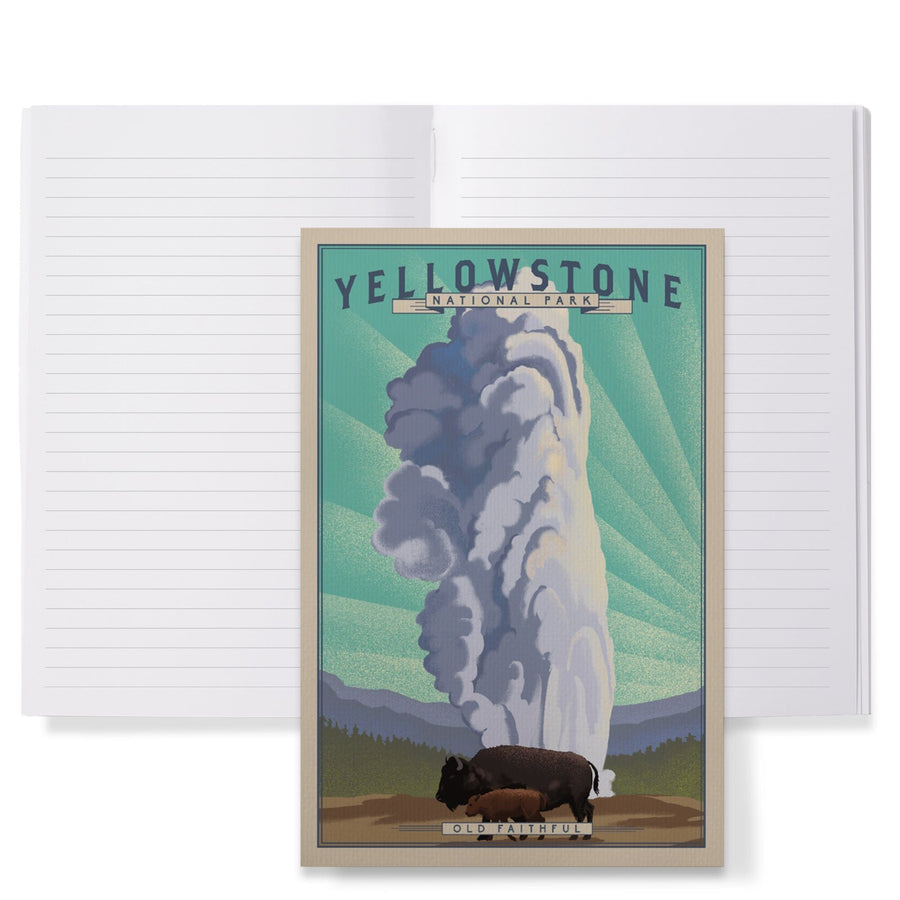 Lined 6x9 Journal, Yellowstone National Park, Wyoming, Old Faithful and Bison, Lithograph National Park Series, Lay Flat, 193 Pages, FSC paper Home Lantern Press 