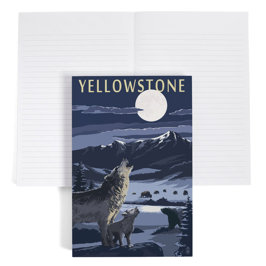 Lined 6x9 Journal, Yellowstone National Park, Wyoming, Wolves and Full Moon, Lay Flat, 193 Pages, FSC paper Home Lantern Press 