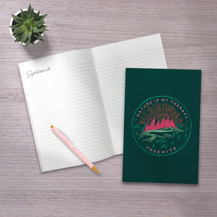 Lined 6x9 Journal, Yosemite, Nature Is My Therapy, Green and Pink on Green, Lay Flat, 193 Pages, FSC paper Home Lantern Press 