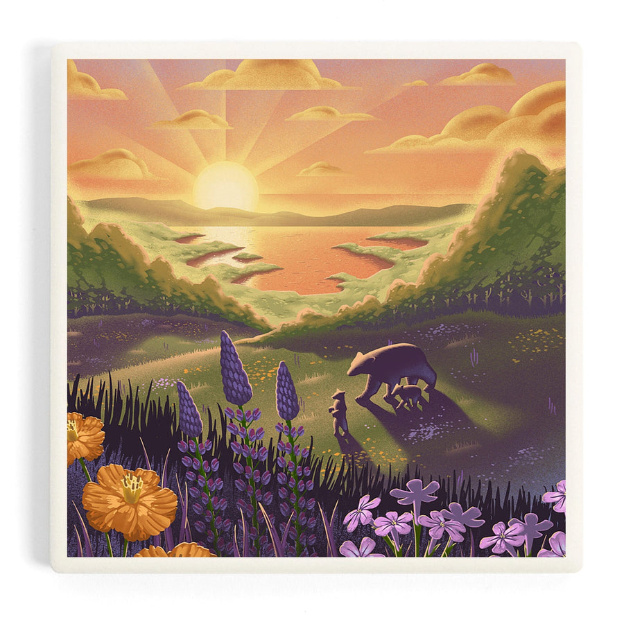 Lithograph, Bear and Spring Flowers, Lake,, Coasters Coasters Lantern Press 