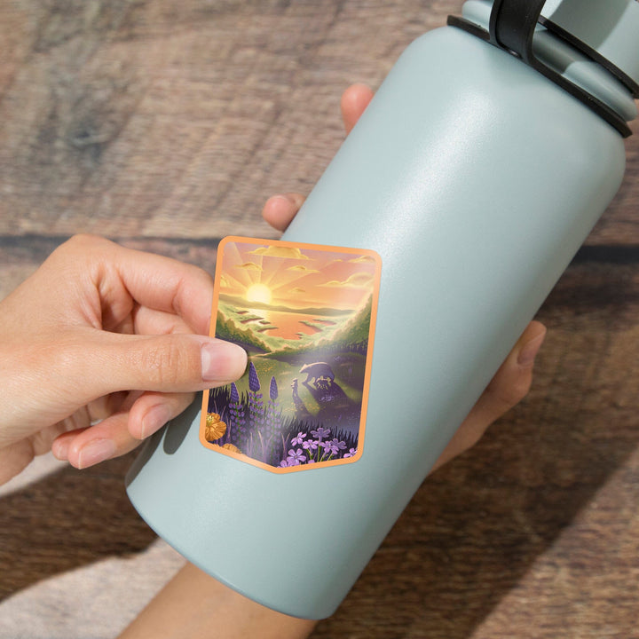 Lithograph, Bear and Spring Flowers, Lake, Contour, Vinyl Sticker Sticker Lantern Press 