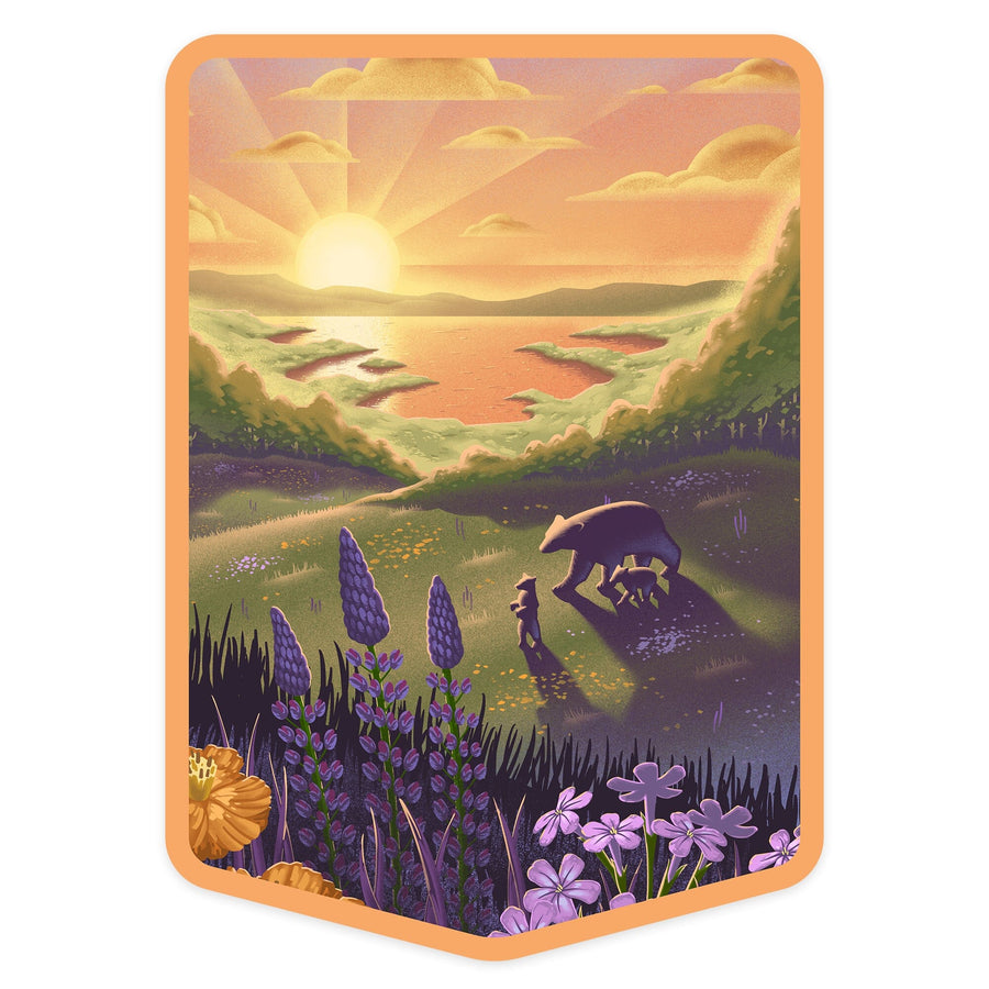 Lithograph, Bear and Spring Flowers, Lake, Contour, Vinyl Sticker Sticker Lantern Press 