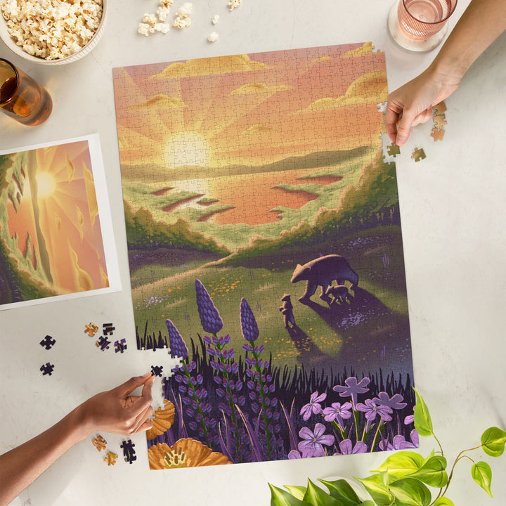 Lithograph, Bear and Spring Flowers, Lake,, Jigsaw Puzzle Puzzle Lantern Press 