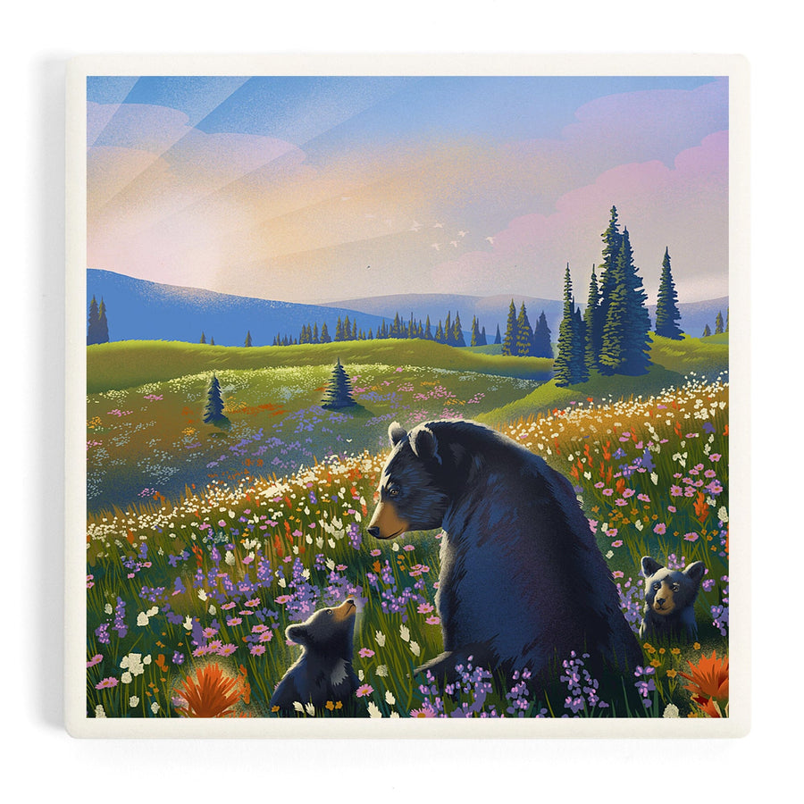 Lithograph, Bear Family in Field,, Coasters Coasters Lantern Press 