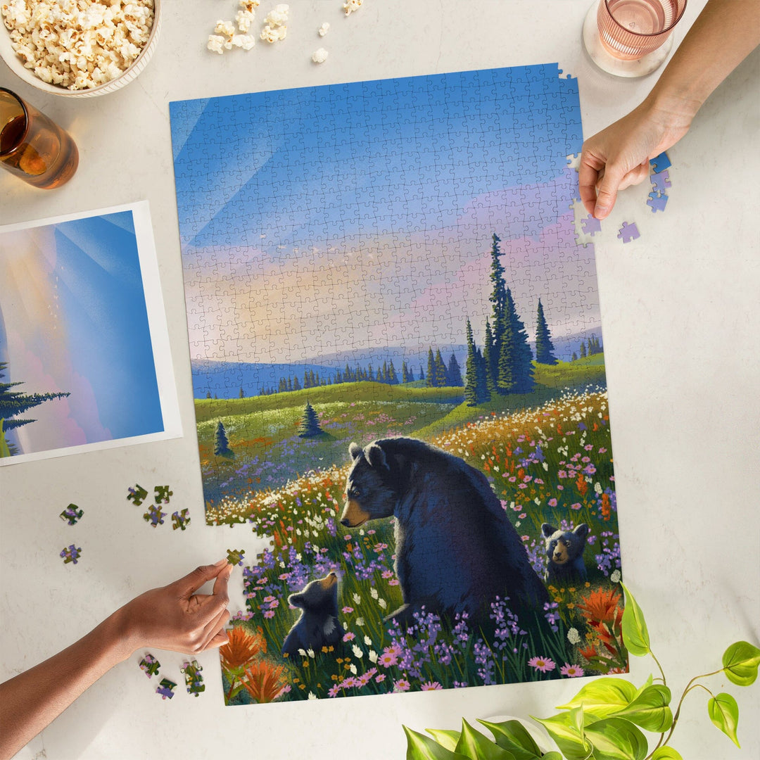 Lithograph, Bear Family in Field,, Jigsaw Puzzle Puzzle Lantern Press 