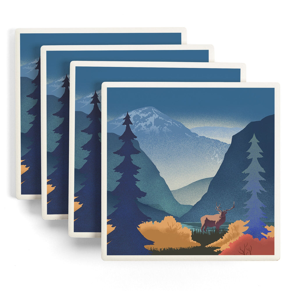 Lithograph, Elk and Mountains Scene,, Coasters Coasters Lantern Press 