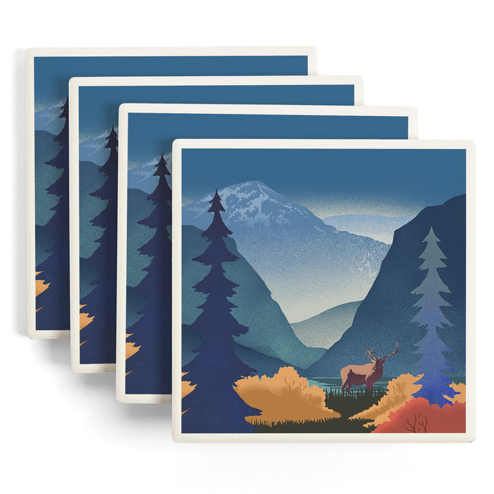 Lithograph, Elk and Mountains Scene,, Coasters Coasters Lantern Press 