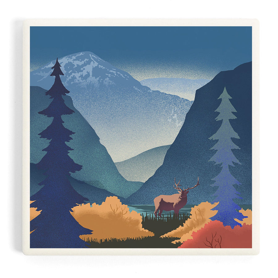 Lithograph, Elk and Mountains Scene,, Coasters Coasters Lantern Press 