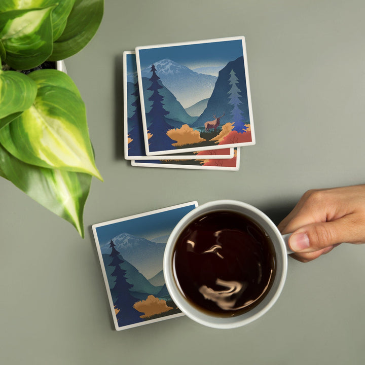 Lithograph, Elk and Mountains Scene,, Coasters Coasters Lantern Press 