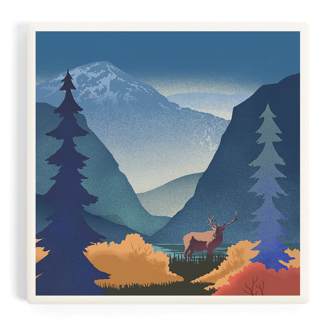 Lithograph, Elk and Mountains Scene,, Coasters Coasters Lantern Press Coaster 