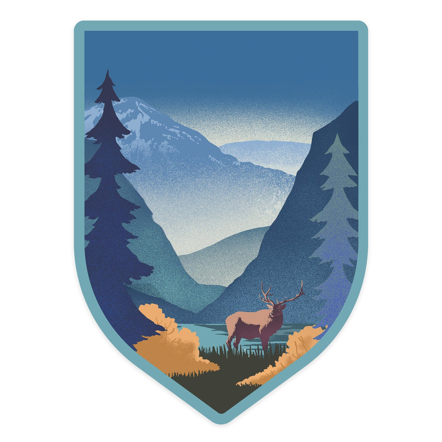 Lithograph, Elk and Mountains Scene, Contour, Vinyl Sticker Sticker Lantern Press 