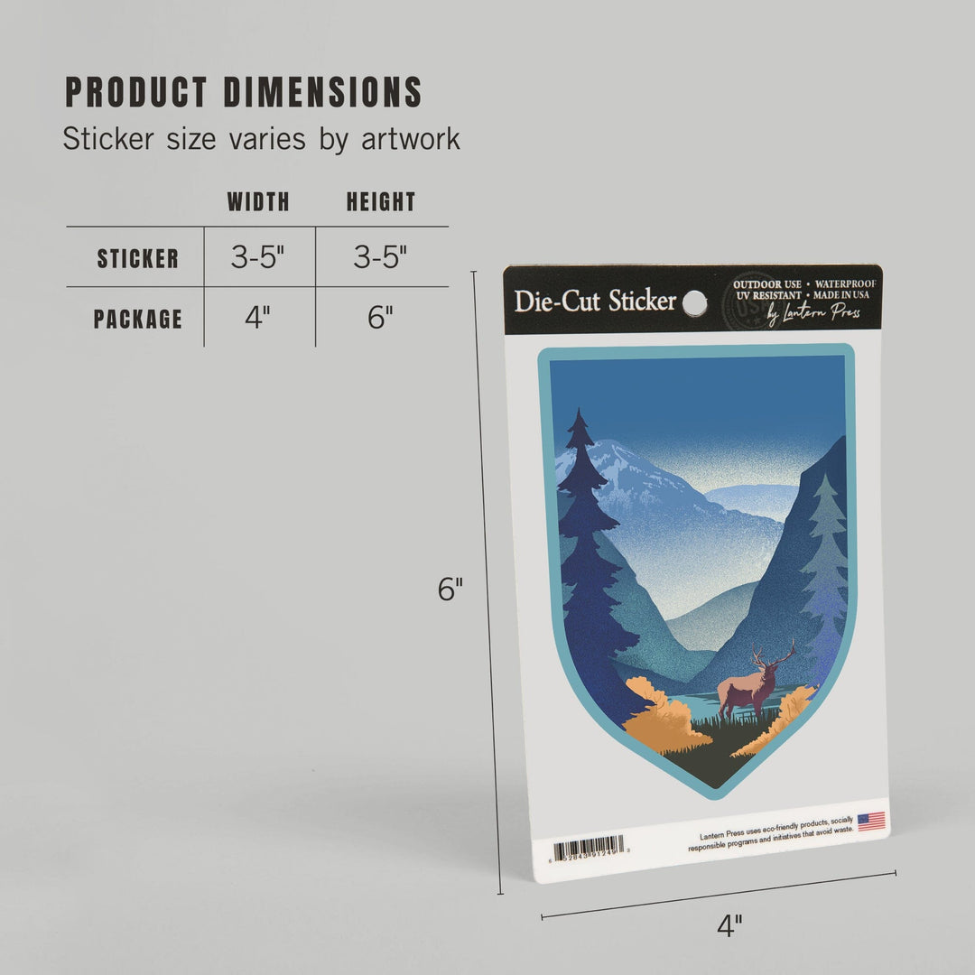 Lithograph, Elk and Mountains Scene, Contour, Vinyl Sticker Sticker Lantern Press 