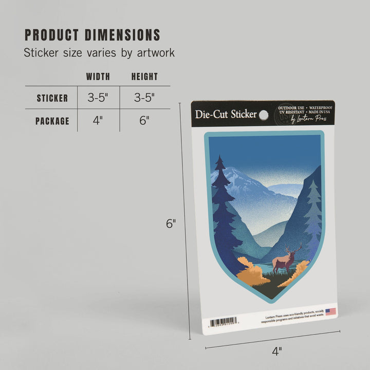 Lithograph, Elk and Mountains Scene, Contour, Vinyl Sticker Sticker Lantern Press 
