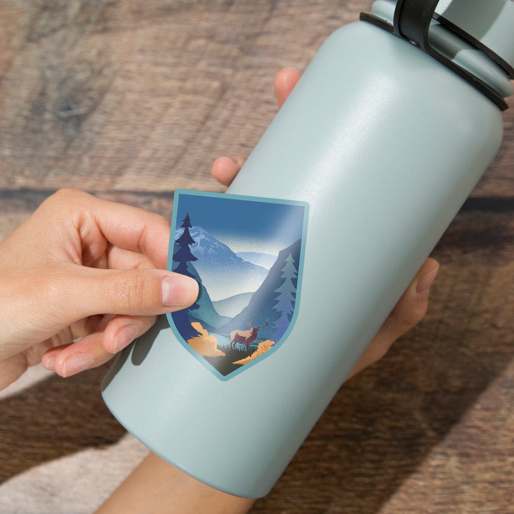 Lithograph, Elk and Mountains Scene, Contour, Vinyl Sticker Sticker Lantern Press 