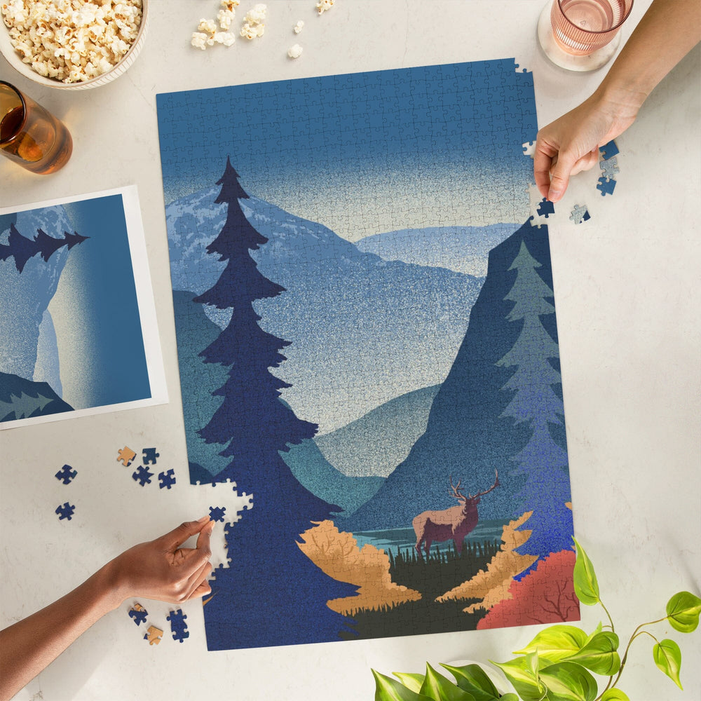 Lithograph, Elk and Mountains Scene,, Jigsaw Puzzle Puzzle Lantern Press 