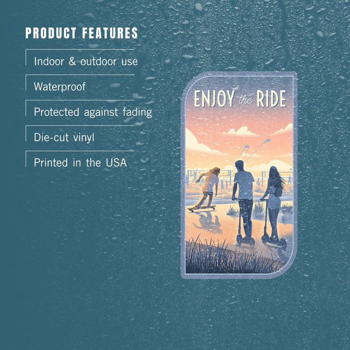 Lithograph, Enjoy the Ride, Longboards and Scooters, Contour, Vinyl Sticker Sticker Lantern Press 
