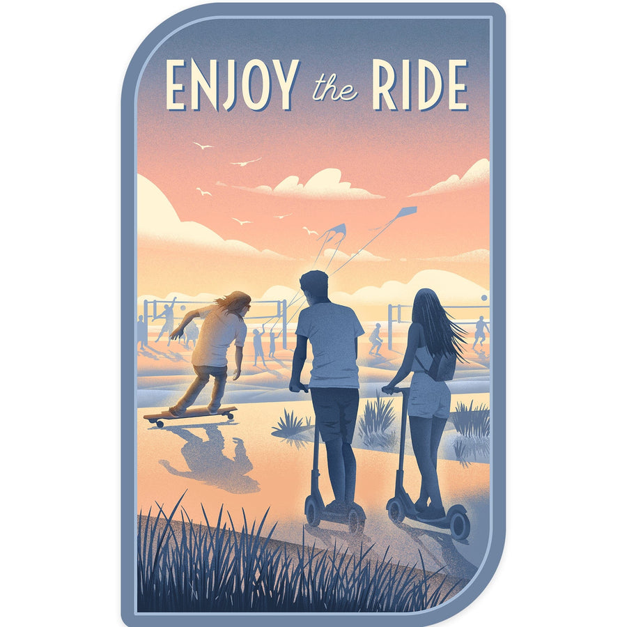 Lithograph, Enjoy the Ride, Longboards and Scooters, Contour, Vinyl Sticker Sticker Lantern Press 