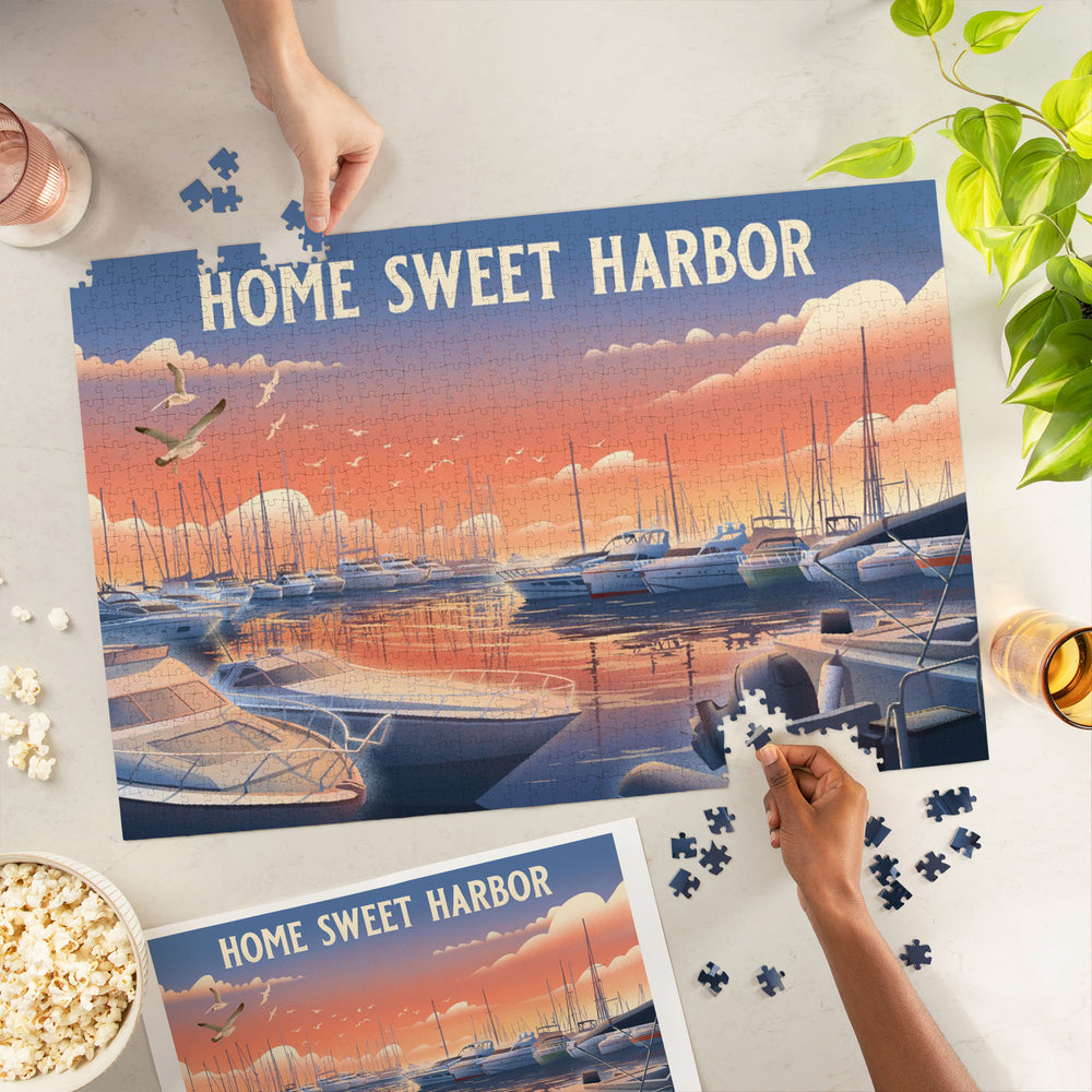 Lithograph, Home Sweet Harbor, Boats in Marina, Jigsaw Puzzle Puzzle Lantern Press 