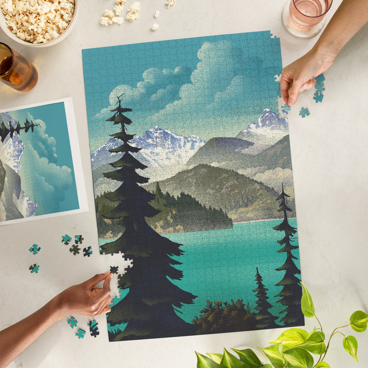 Lithograph, Lake and Mountain Scene, Jigsaw Puzzle Puzzle Lantern Press 